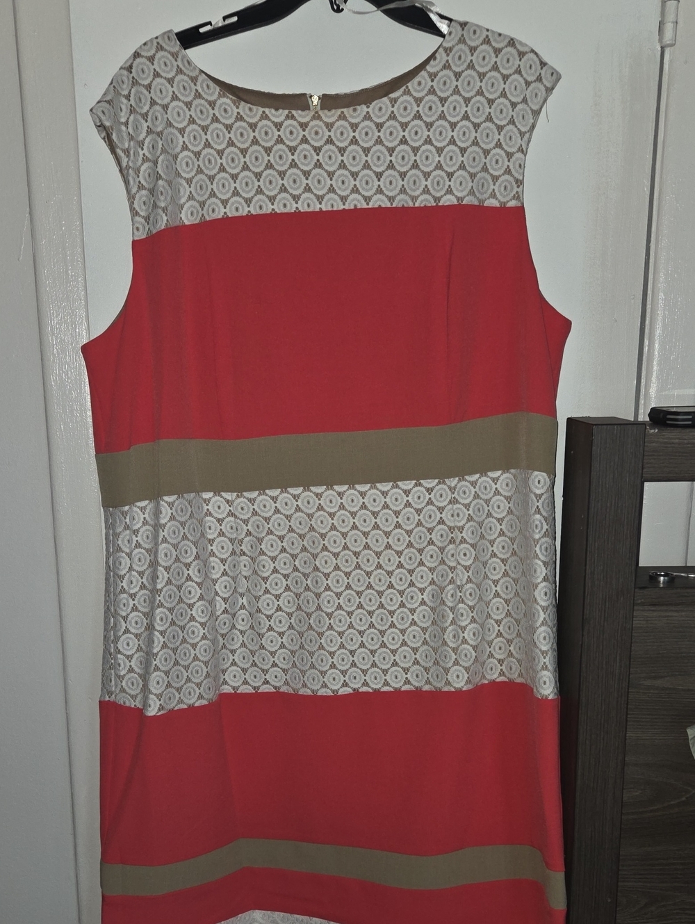 Sandra Darren Coral, Taupe and Cream Patterned Colorblock Shift Dress